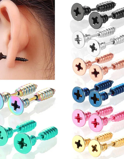 Load image into Gallery viewer, 1Pair Punk Fashion Gold Black Colorful Stainless Steel Nail Screw Stud Earring for Women Men Helix Ear Body Piercing Jewelry
